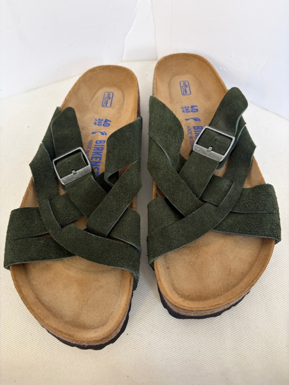 Birkenstock Lugano New! Mntn. Green Soft bed Suede Sandals Size L9 M7 E40 Narrow